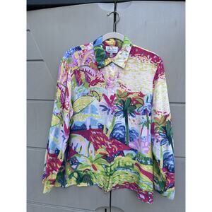 Michael Leu Women's Silk Button Up Shirt Artsy Palm Tree Hawaiian Watercolors 1X